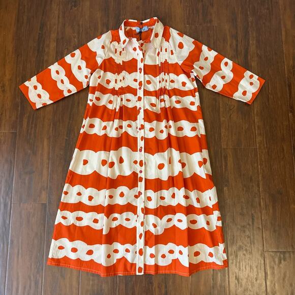 MIMISOL Long Shirt Dress Orange White Abstract Pleated Cotton Artsy NWT - Picture 3 of 12